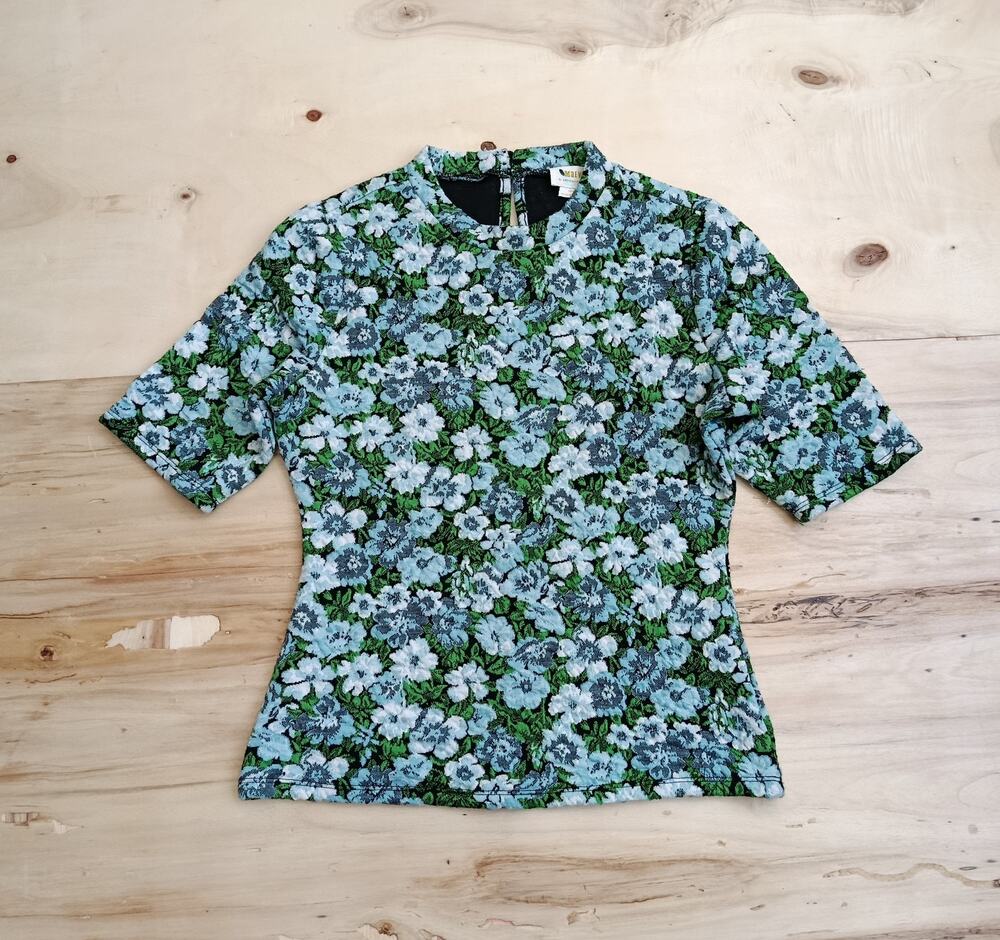 Maeve Anthropologie Floral High Neck Top Blue Green Jacquard Short Sleeve Small